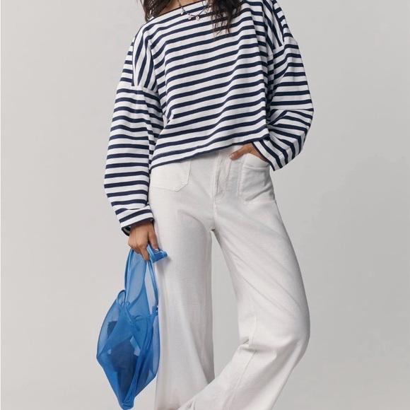 Anthropologie Navy & White Striped Boatneck Sweatshirt - Picture 4 of 6